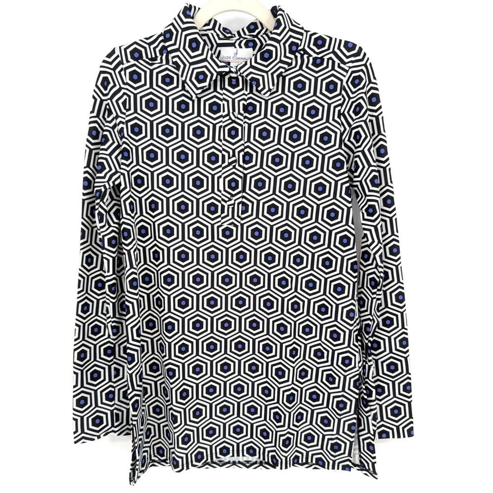 Jude Connally Black Blue Geometric Collared Jude Cloth Tunic SML Preppy Resort